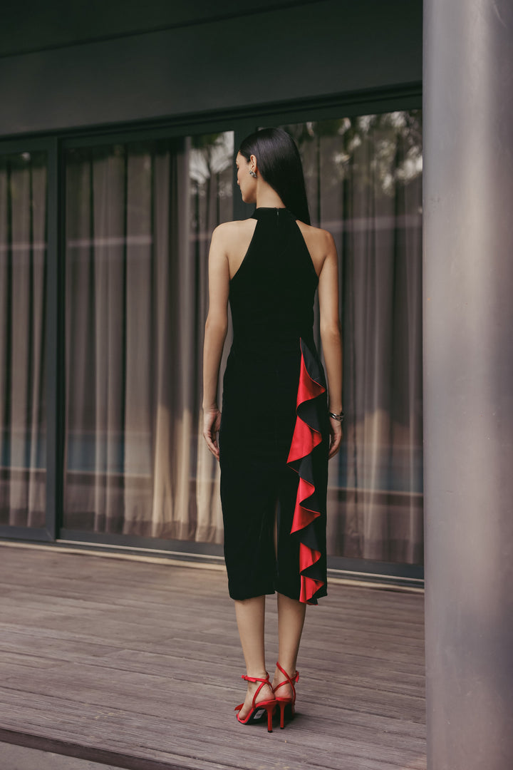 Crimson Ruffle Column Dress