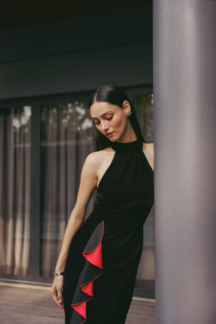 Crimson Ruffle Column Dress