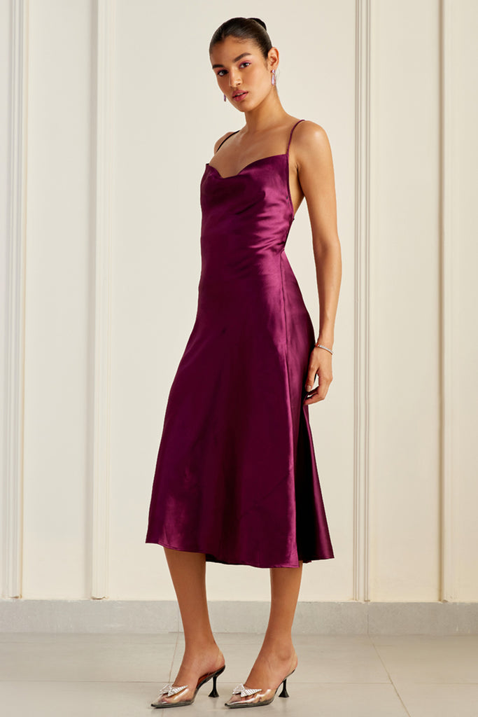 Valentina Wine Cowl Neck Mulberry Silk Dress  SILKROSE