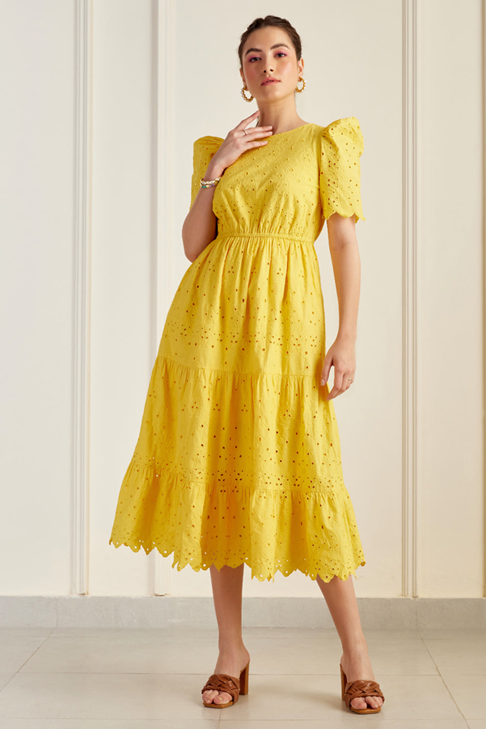 Havana Canary Yellow Embroidered Midi Dress – SILKROSE