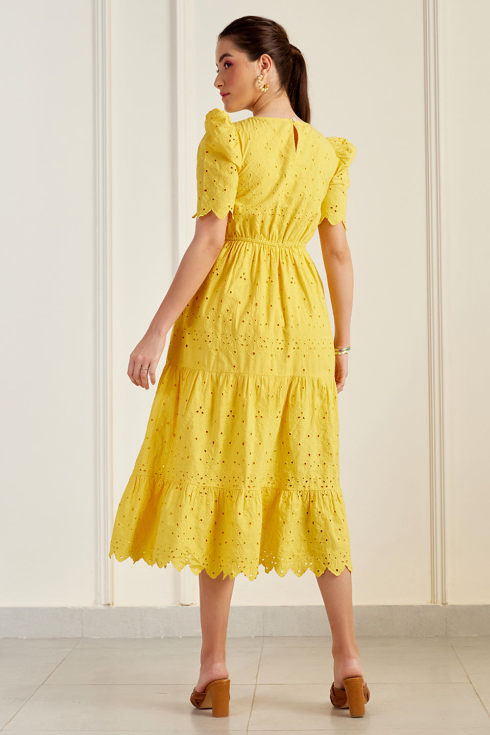 midi canary yellow smocked chiffon dress Yellow Tiered Maxi Dress | Square Neck Linen-Blend Ruffle Gown for Summer Wedding Guest & Formal Events