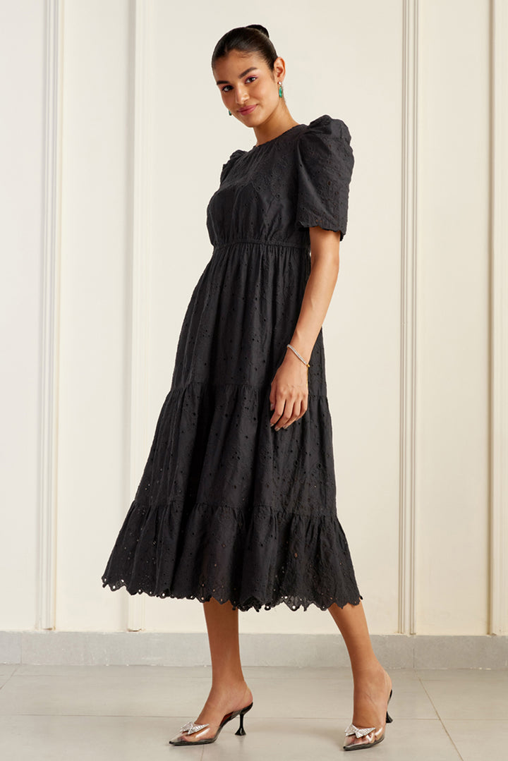 Havana Black Embroidered Midi Dress