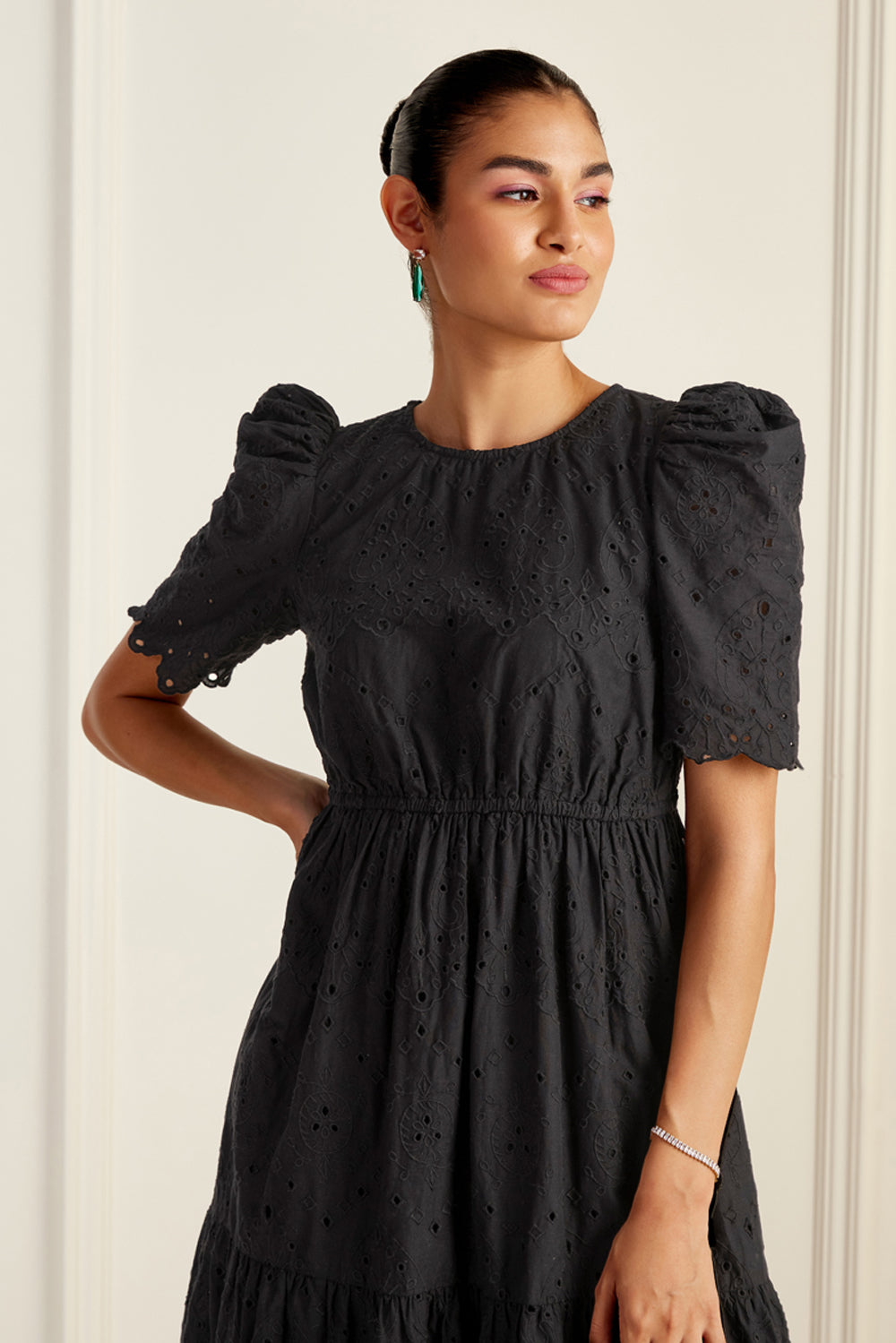 Havana Black Embroidered Midi Dress