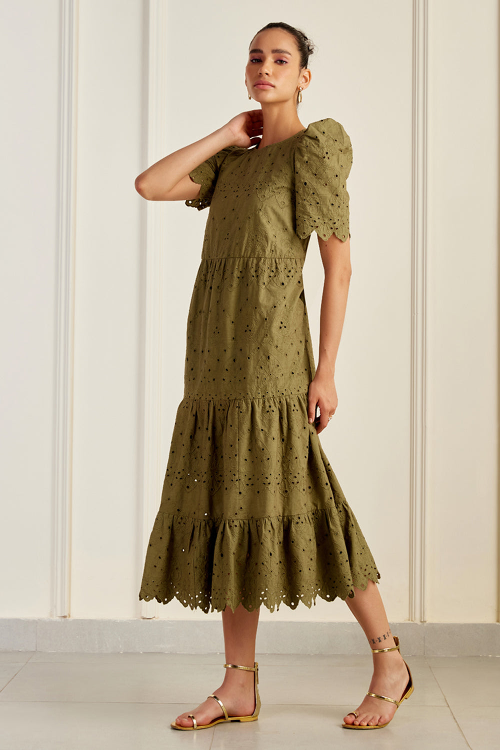 Havana Olive Embroidered Midi Dress