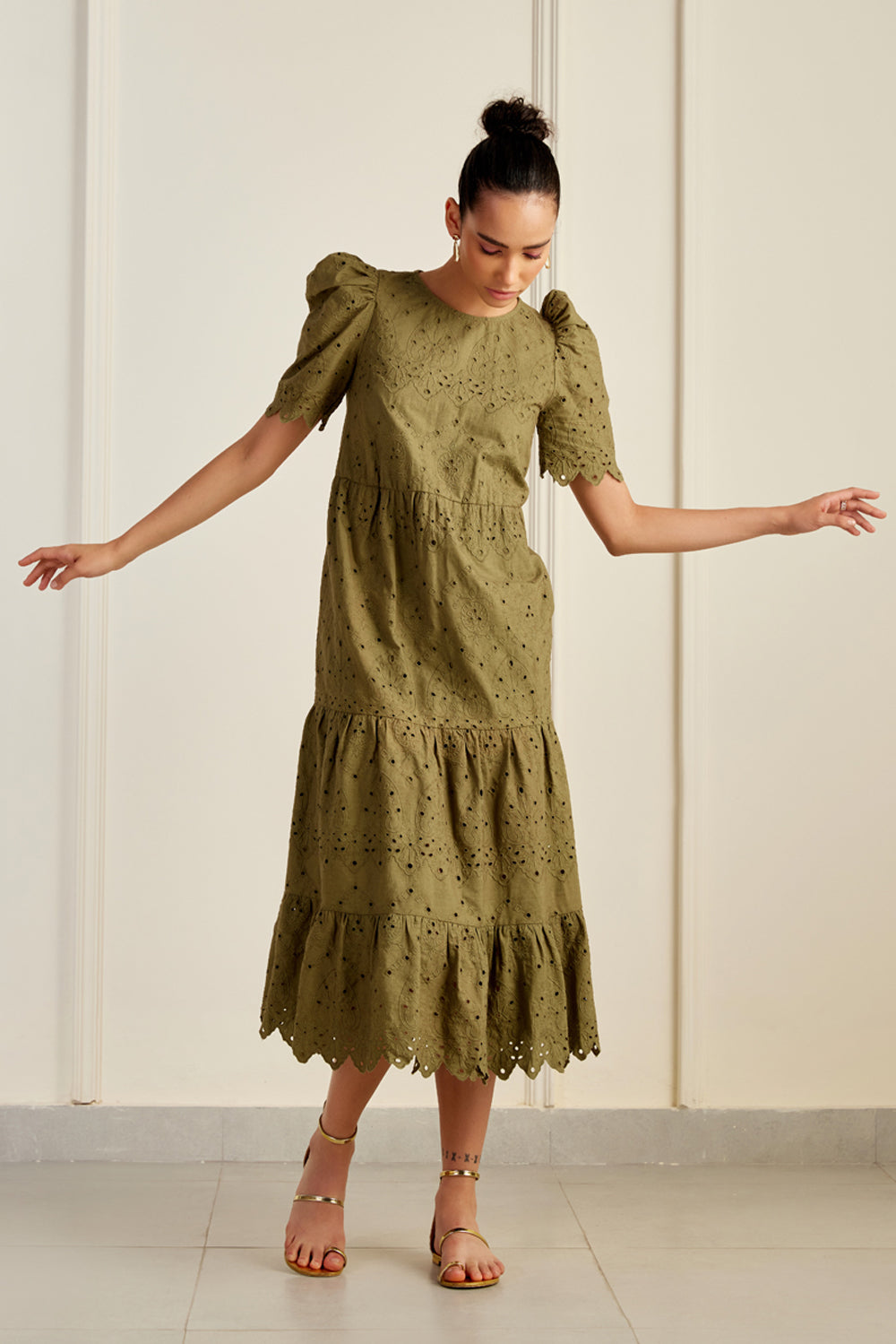 Havana Olive Embroidered Midi Dress