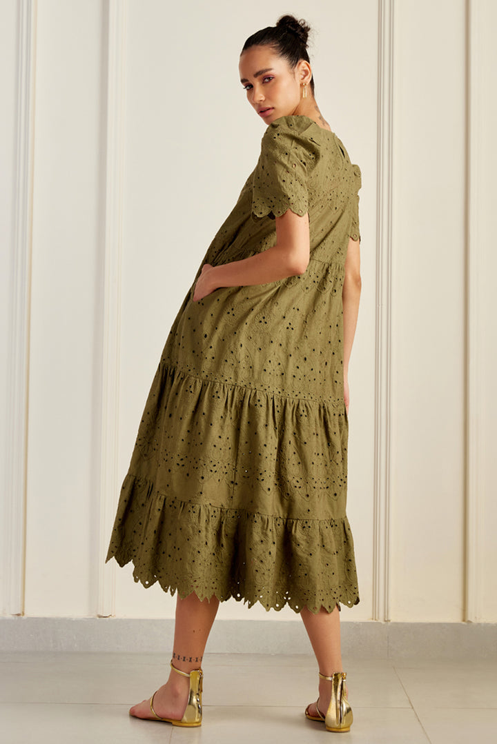 Havana Olive Embroidered Midi Dress