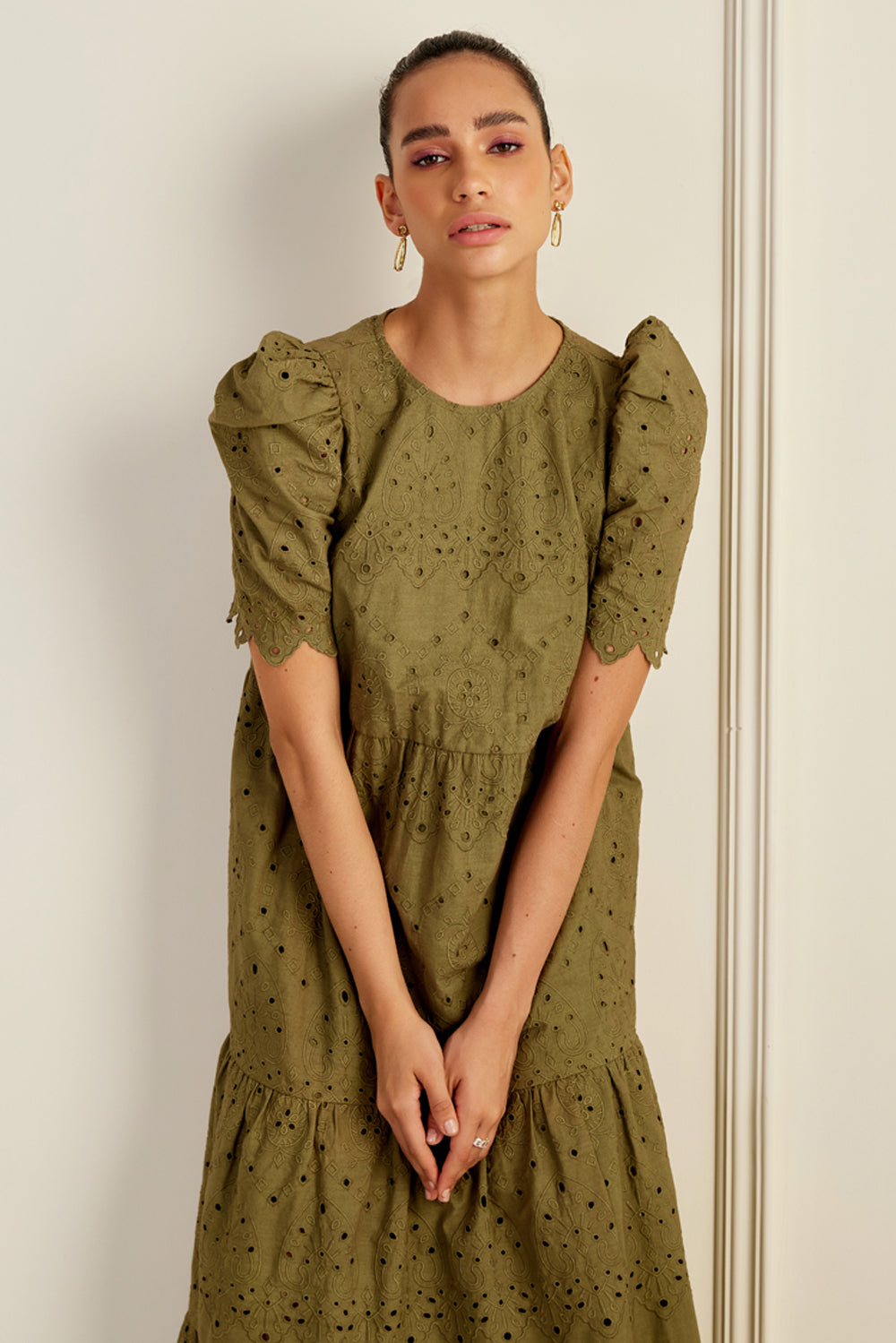 Havana Olive Embroidered Midi Dress