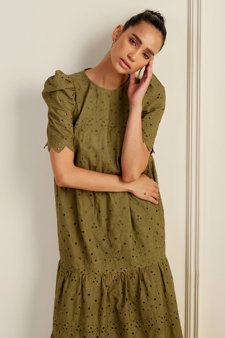 Havana Olive Embroidered Midi Dress