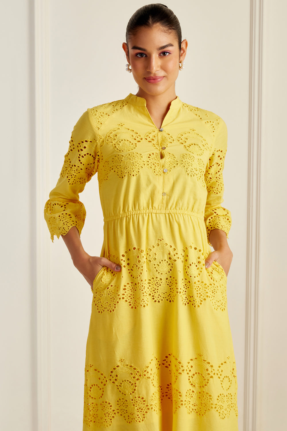 Ascot Yellow Broderie Anglaise Midi Dress SILKROSE Ascot Yellow Broderie Anglaise Midi Dress SILKROSE