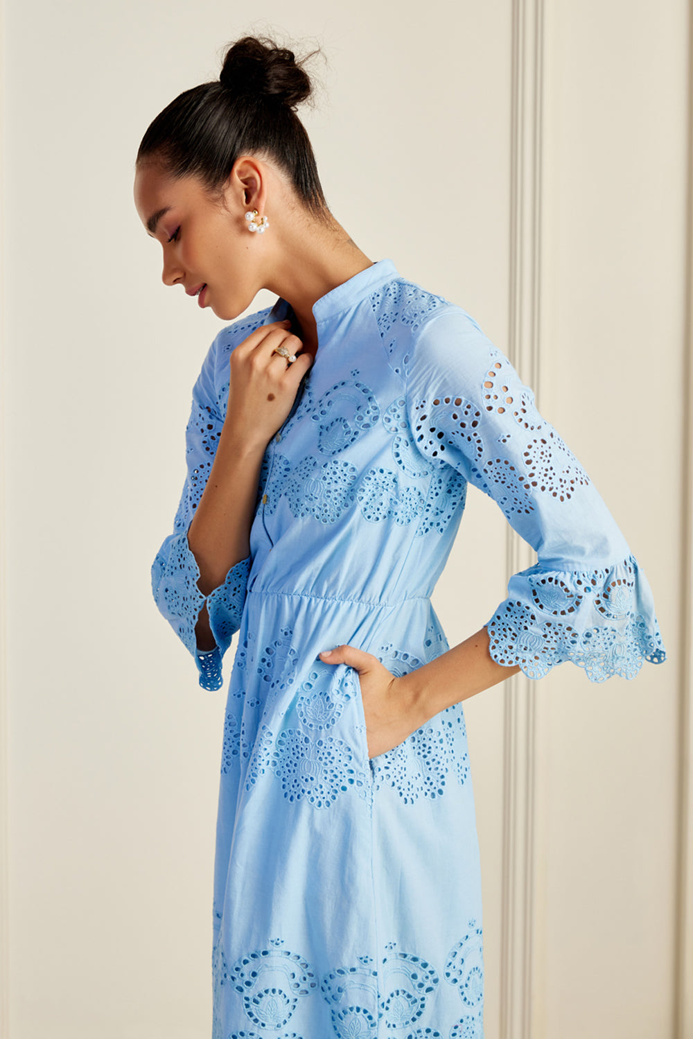 Ascot Blue Broderie Anglaise Midi Dress SILKROSE Ascot Blue Broderie Anglaise Midi Dress SILKROSE