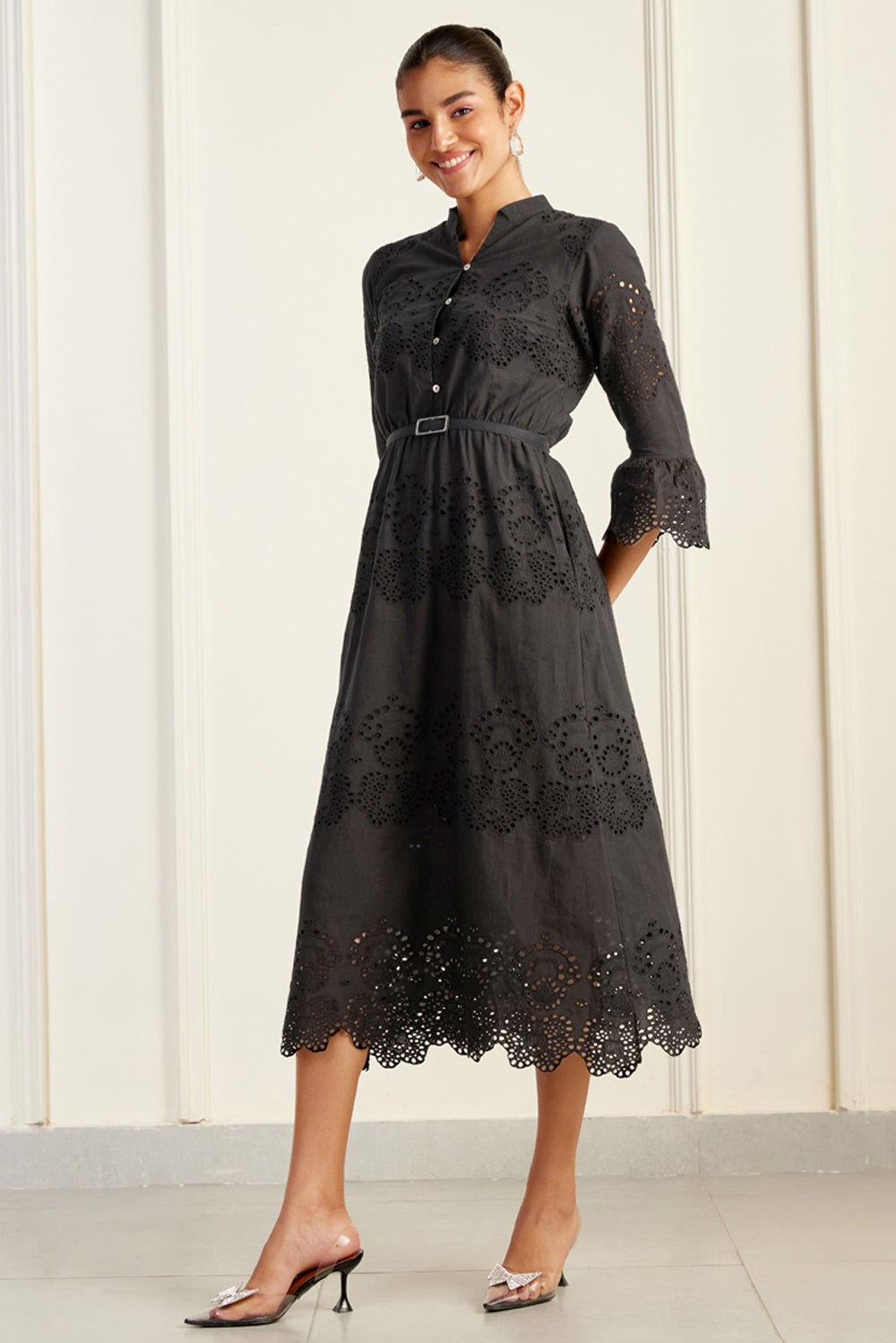 Ascot Black Broderie Anglaise Midi Dress – SILKROSE