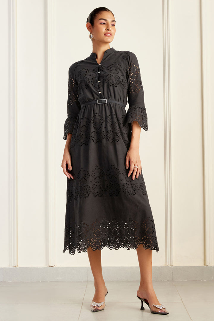 Ascot Black Broderie Anglaise Midi Dress