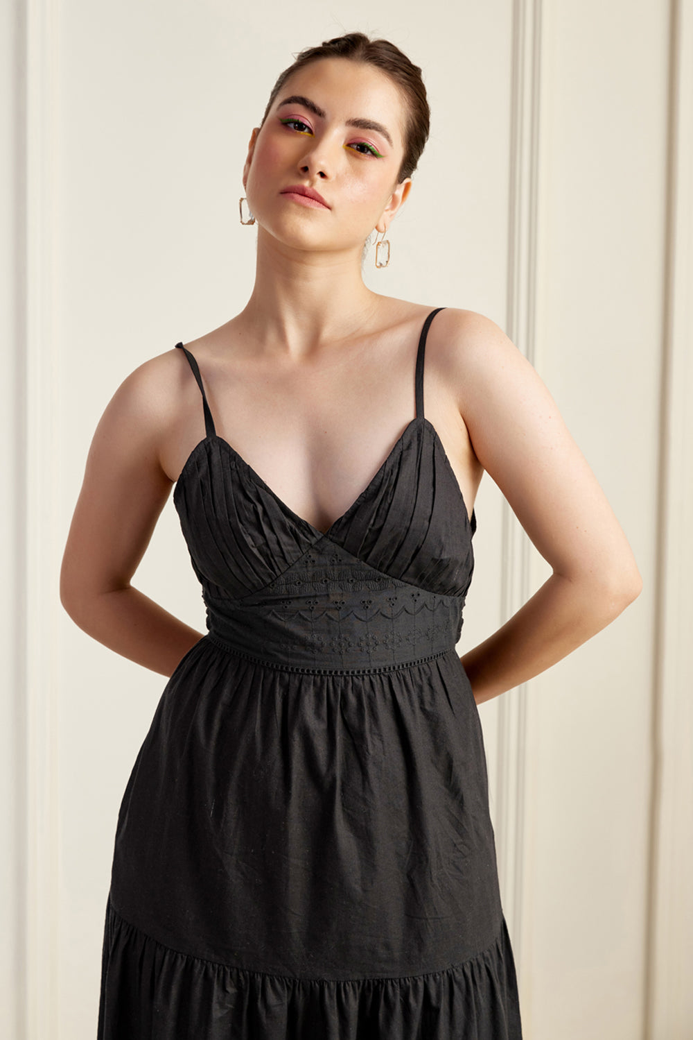 black tiered maxi dress self-portrait - Polka Dot neck with gathered bust Mallorca Black Tiered Maxi Dress