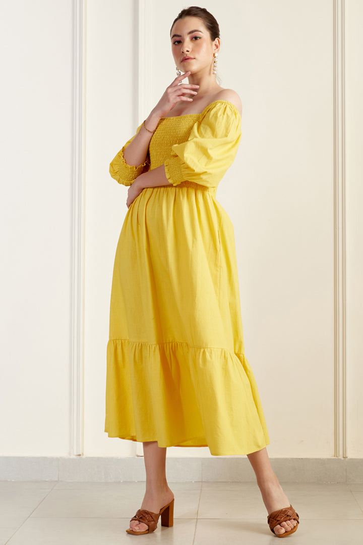 Provence Yellow On/Off Shoulder Shirred Dress