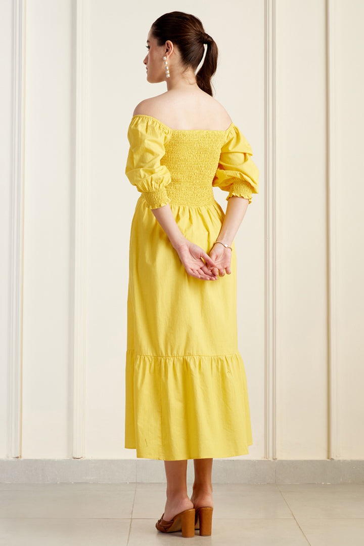 Provence Yellow On/Off Shoulder Shirred Dress