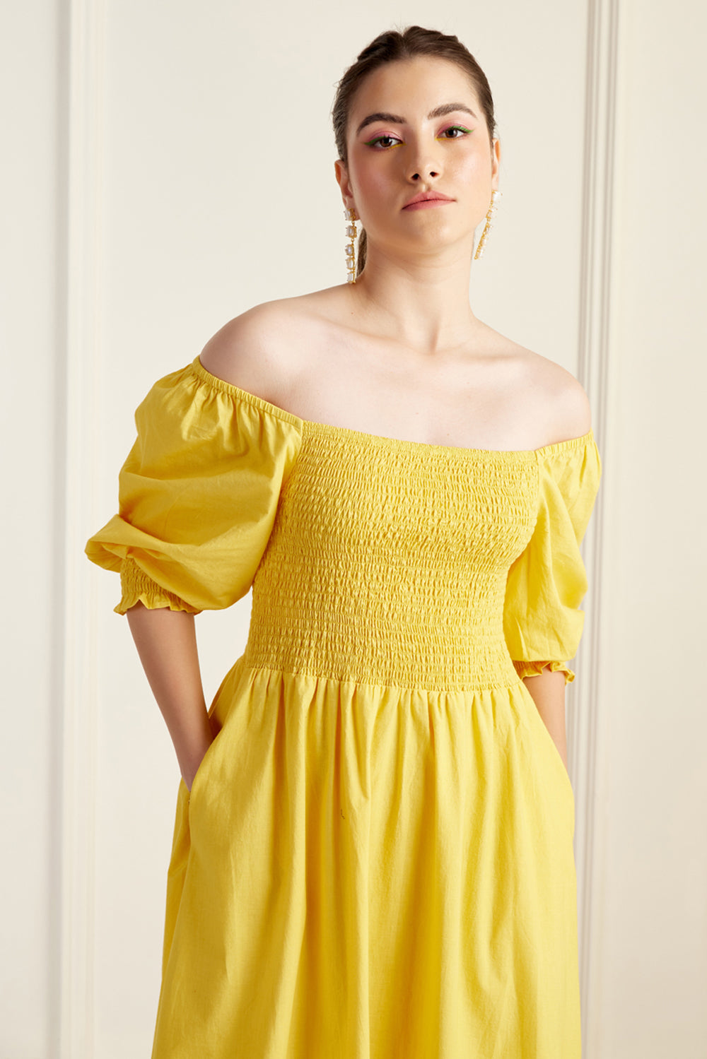 Provence Yellow On/Off Shoulder Shirred Dress