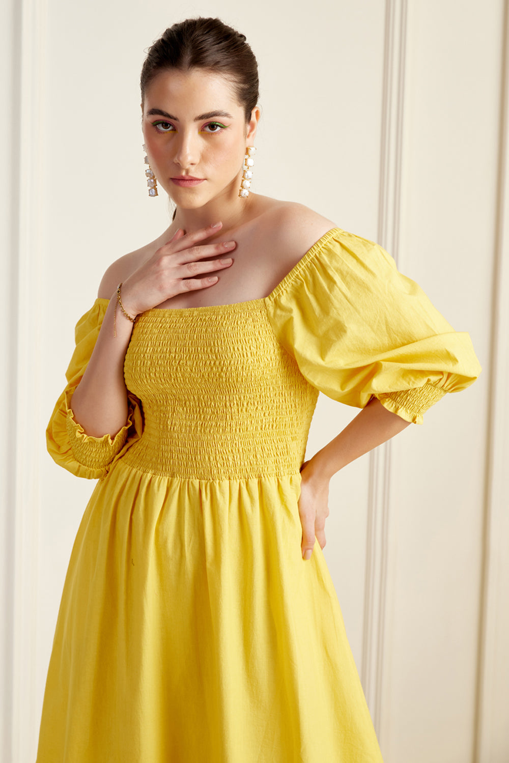 Provence Yellow On/Off Shoulder Shirred Dress