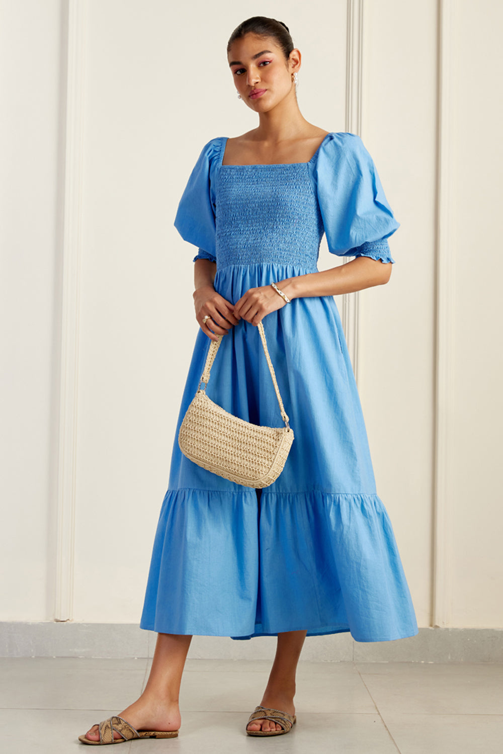 Provence Bleu On/Off Shoulder Shirred Dress β SILKROSE