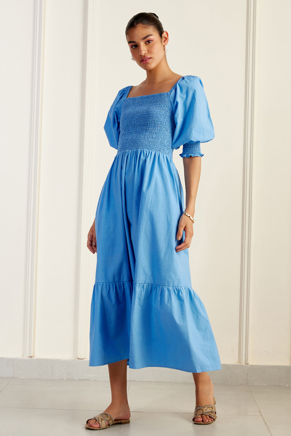 Provence Bleu On/Off Shoulder Shirred Dress SILKROSE Provence Bleu On/Off Shoulder Shirred Dress SILKROSE