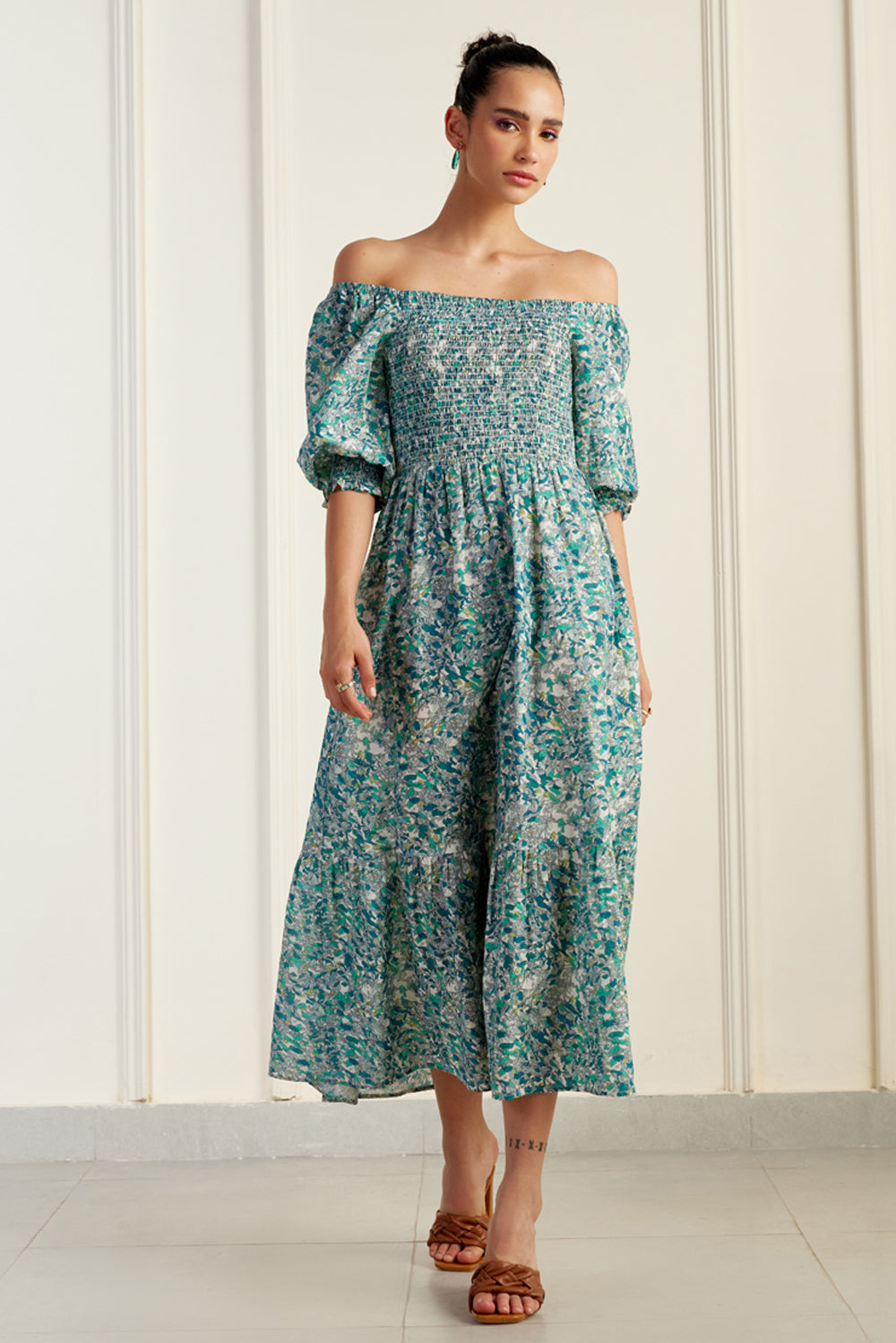 sage green bardot frill sleeve draped midi dress Bardot Pleated Maxi Dress - Sage Green