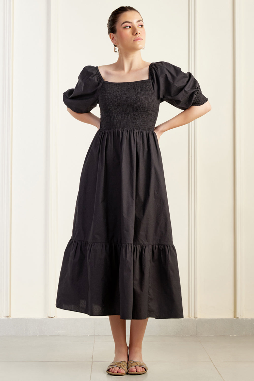 Provence On/Off Shoulder Shirred Dress Black