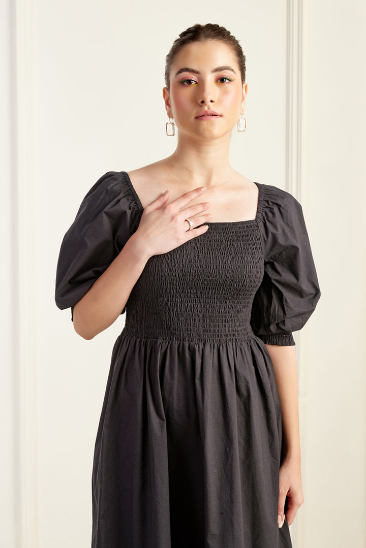 Provence On/Off Shoulder Shirred Dress Black