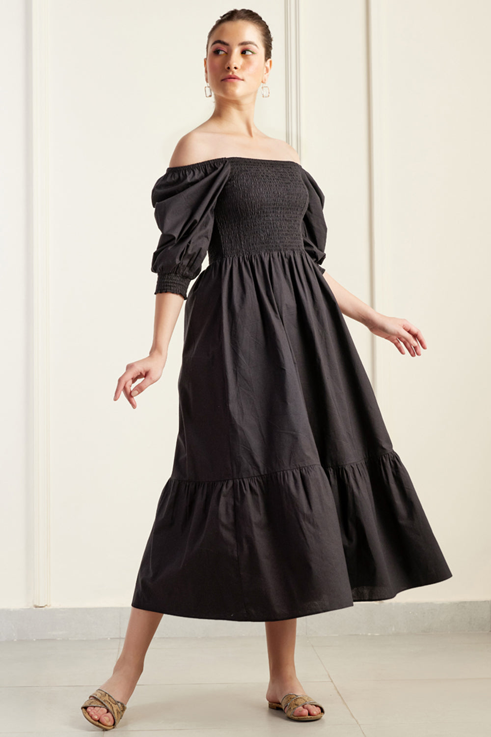 Provence On/Off Shoulder Shirred Dress Black