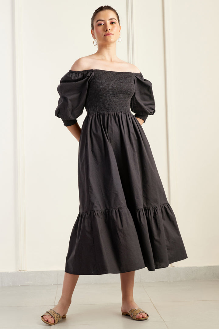 Provence On/Off Shoulder Shirred Dress Black