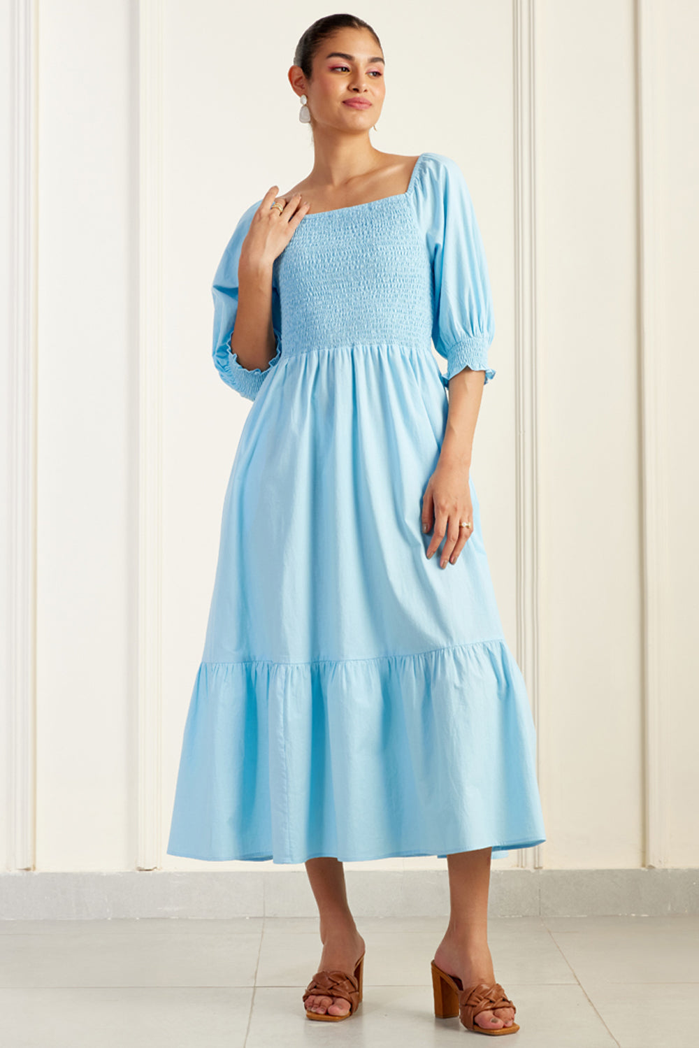off shoulder shirred dress Portia and Scarlett PS23051