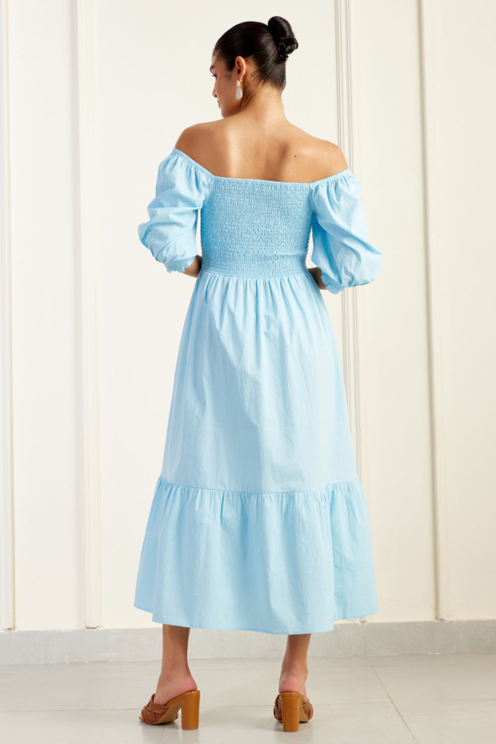 Provence On/Off Shoulder Shirred Dress Blue SILKROSE Provence On/Off Shoulder Shirred Dress Blue SILKROSE
