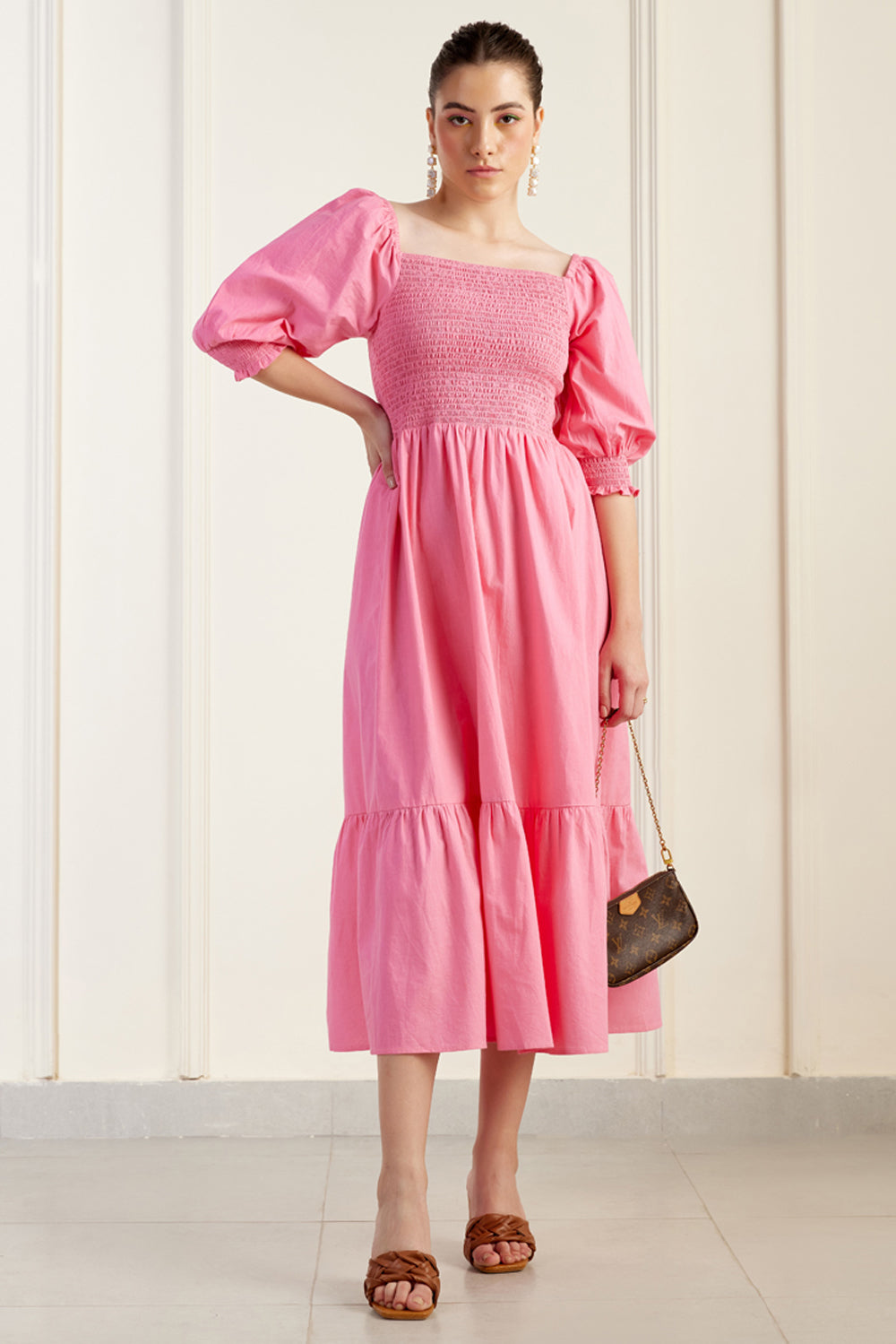 shirred dress pink Franni Shirred Drop Waist Mini Dress Pink