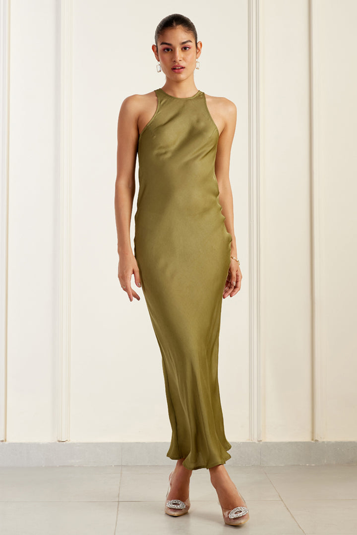 Clean Halter-Neck Olive Silk Sheath Dress