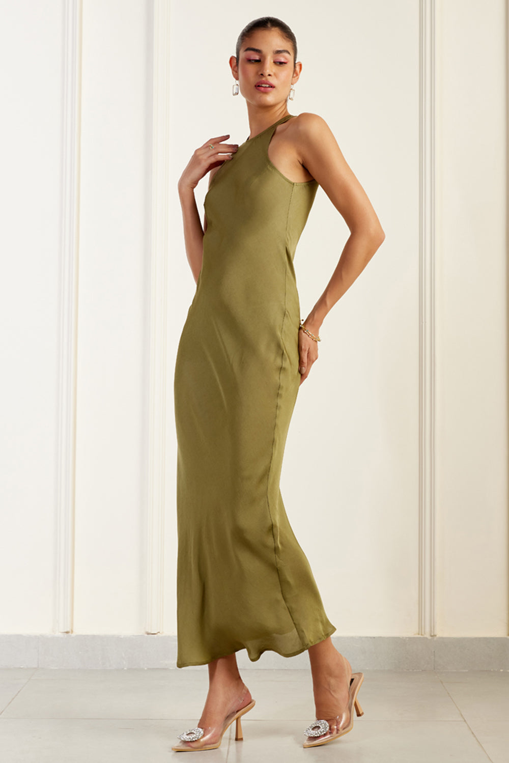 Clean Halter-Neck Olive Silk Sheath Dress