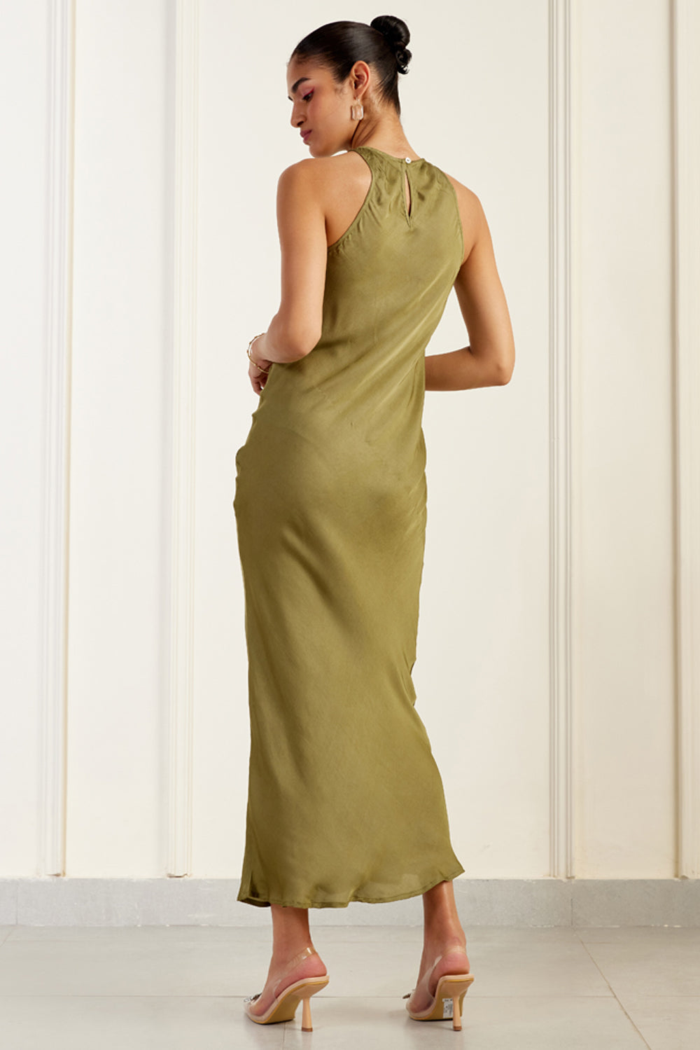 Clean Halter-Neck Olive Silk Sheath Dress SILKROSE Clean Halter-Neck Olive Silk Sheath Dress SILKROSE