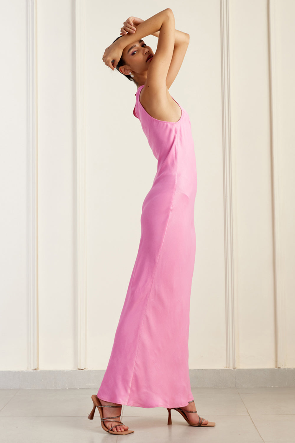 Clean Halter-Neck Pink Silk Sheath Dress