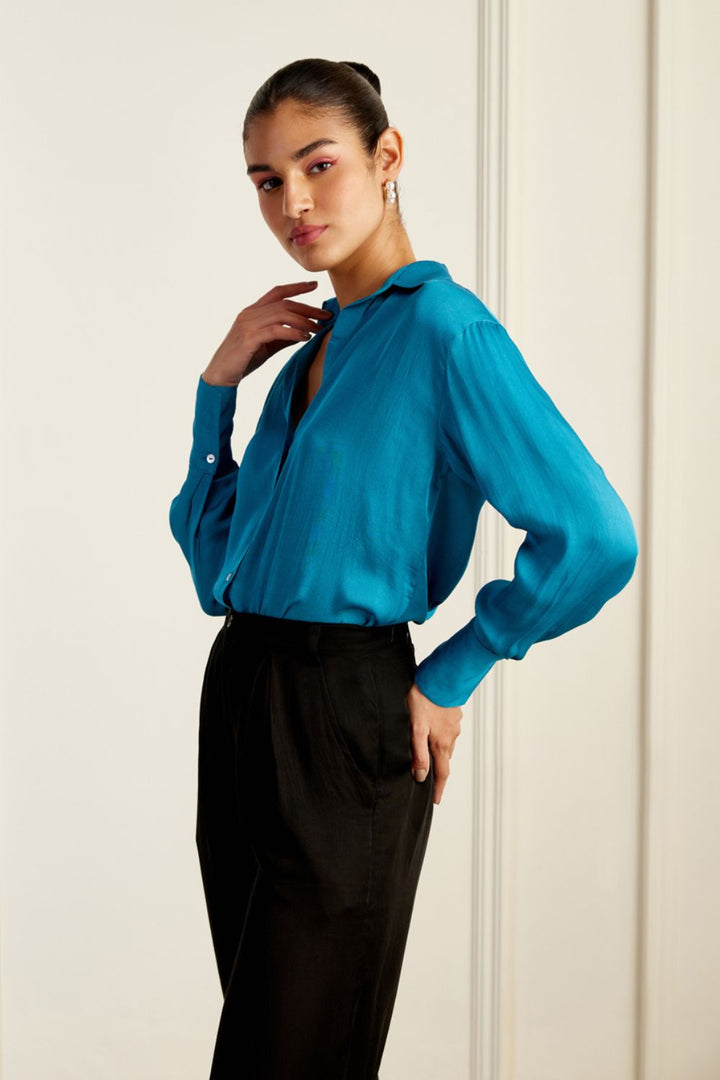 Luminous Blue Vegan Silk Shirt