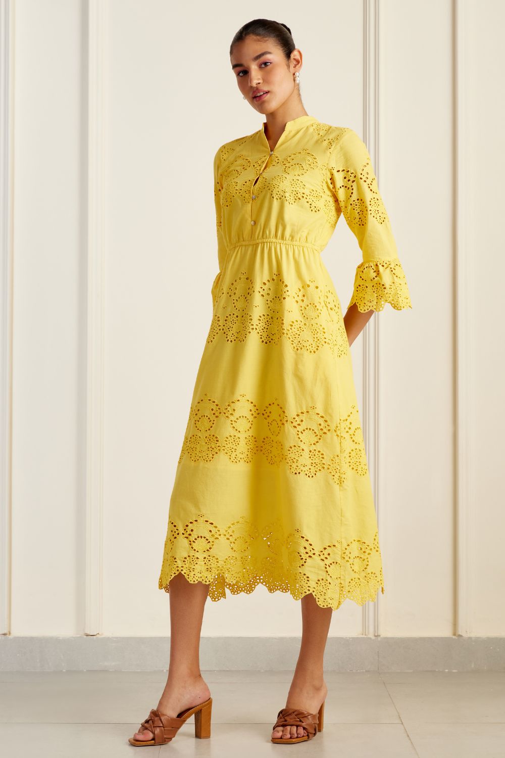 Ascot Yellow Broderie Anglaise Midi Dress