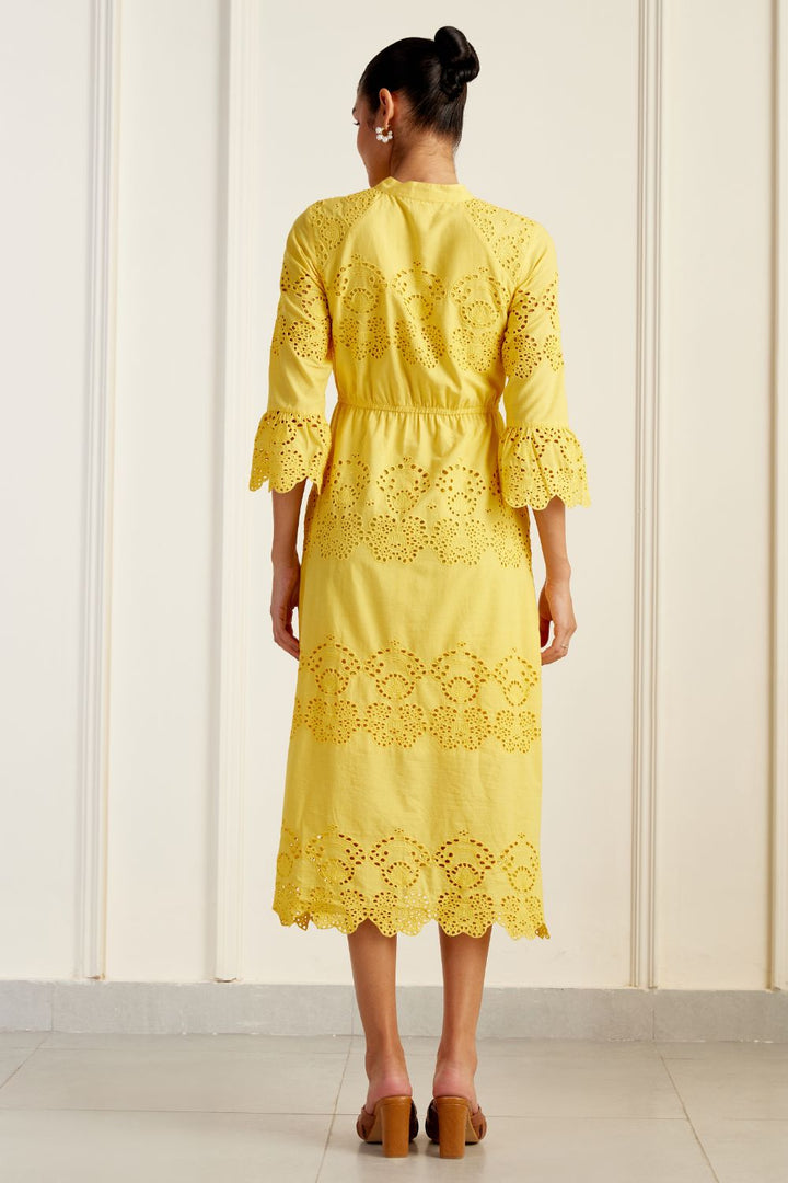 Ascot Yellow Broderie Anglaise Midi Dress