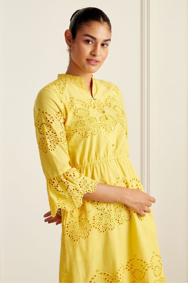 Ascot Yellow Broderie Anglaise Midi Dress