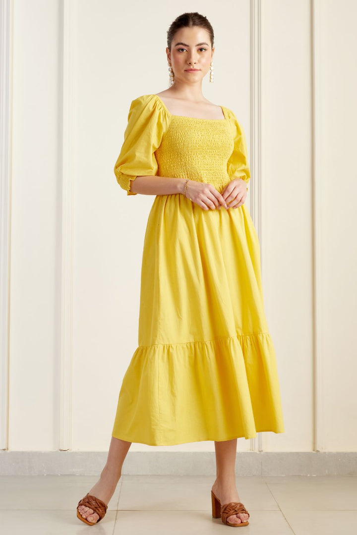 Provence Yellow On/Off Shoulder Shirred Dress