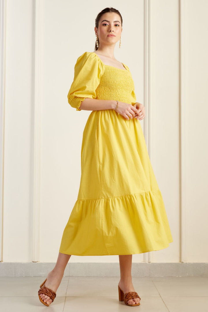 Provence Yellow On/Off Shoulder Shirred Dress